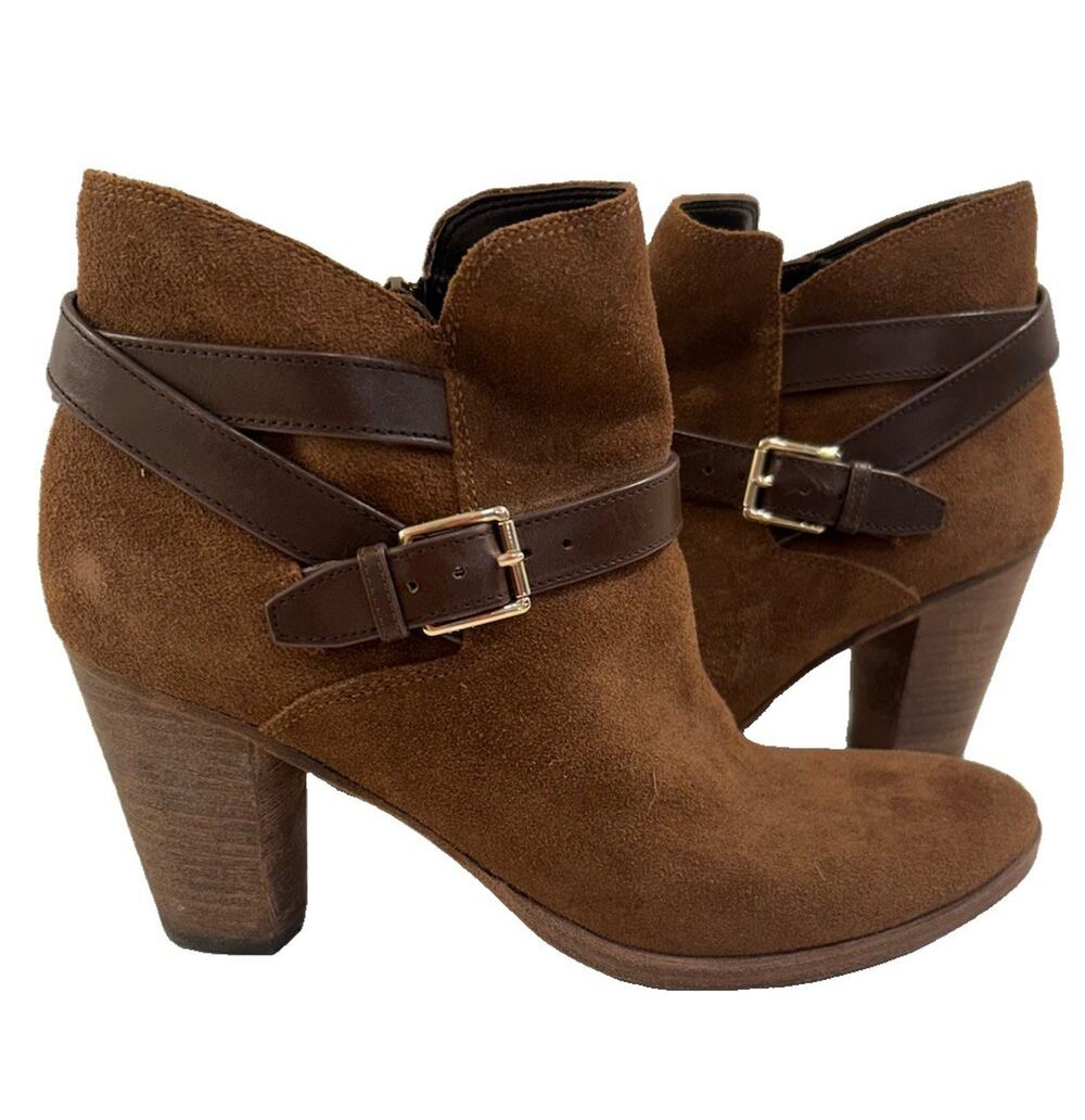 Cole Haan Hayes Moto Brown Strap Buckles Heels Suede Ankle Booties Women's sz 8M
